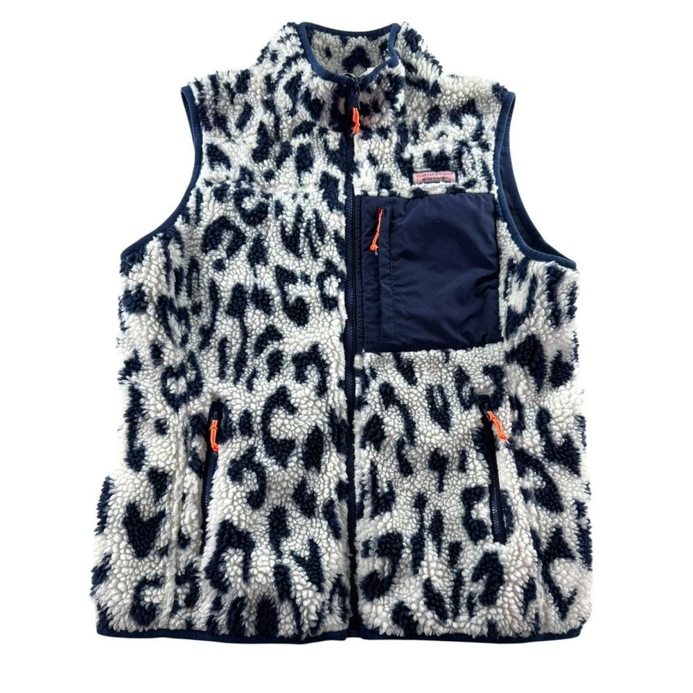Vineyard Vines Leopard Print Sherpa Vest Womens Small Mixed Media Supershep